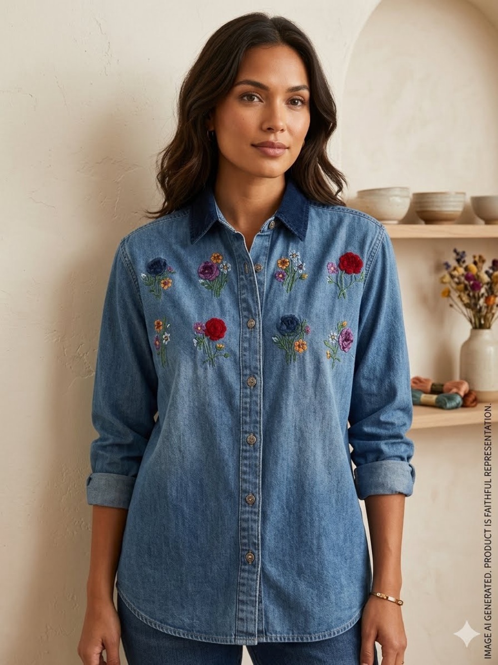 Vintage OakHill Denim blue M Button-Down whimsical with Embroidered fairy print